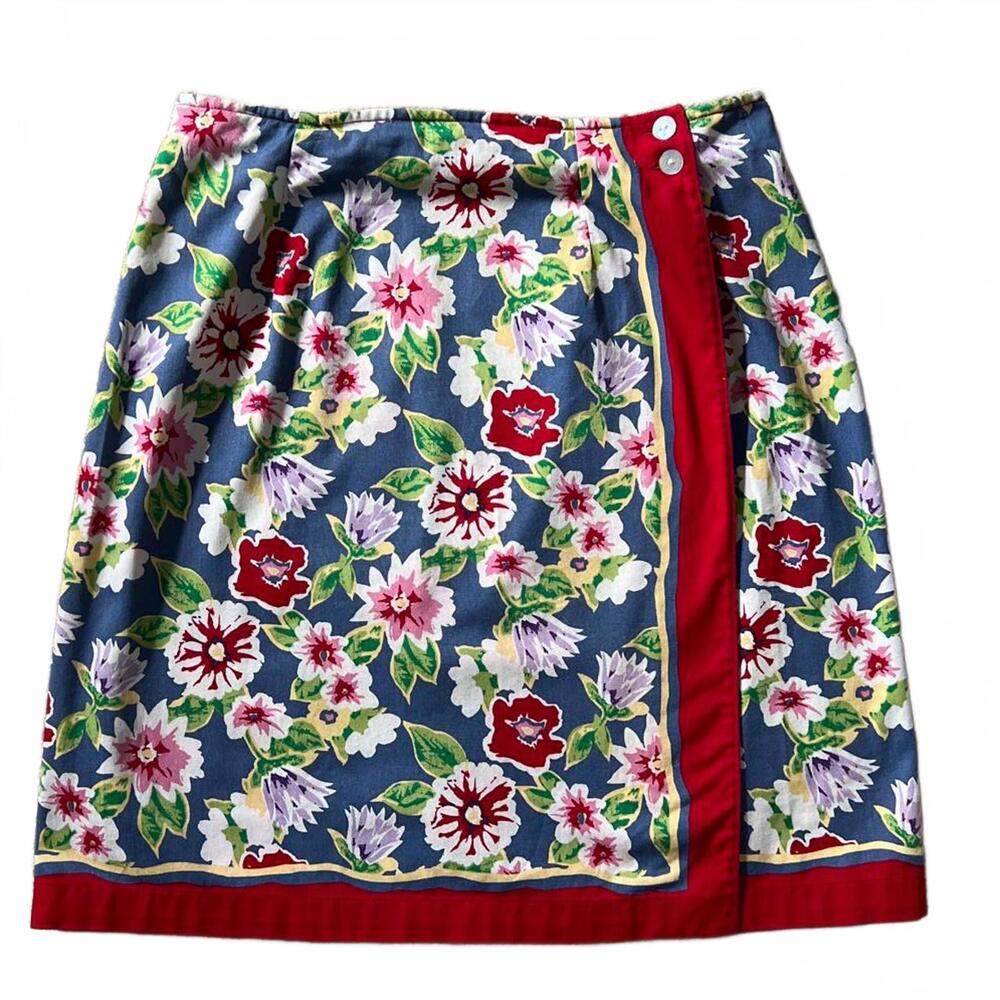 Talbots Womens Skirt 10 Wrap A-Line Floral Red Blue Cotton Vintage Preppy Chic
